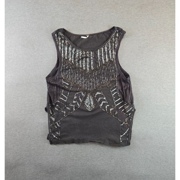 FREE PEOPLE Tank Large Gray Cool Cat Beaded Southwestern Tunic Top Boho Linen - Picture 1 of 10